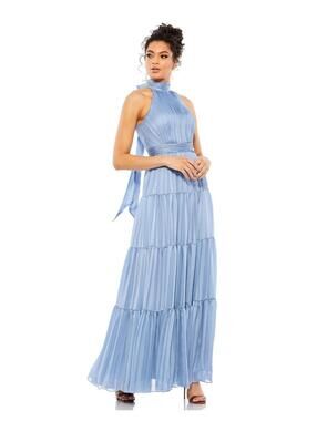 Ieena for Mac Duggal Slate Blue Sleeveless Maxi Dress with Tie Neck